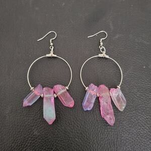 Quartz crystal 3 point hoop earrings, electroplated pink & blue, stainless hooks